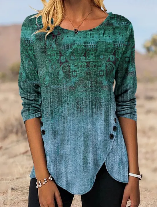 Best Women's Tunic T Shirt Graphic Vintage Tunic Ethnic Long Sleeve Round Neck Regular Tops Holiday Weekend Print Maroon Blue Green Gray Fall & Winter Women Tunic Tops|Boho Tops