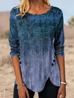 Best Women's Tunic T Shirt Graphic Vintage Tunic Ethnic Long Sleeve Round Neck Regular Tops Holiday Weekend Print Maroon Blue Green Gray Fall & Winter Women Tunic Tops|Boho Tops