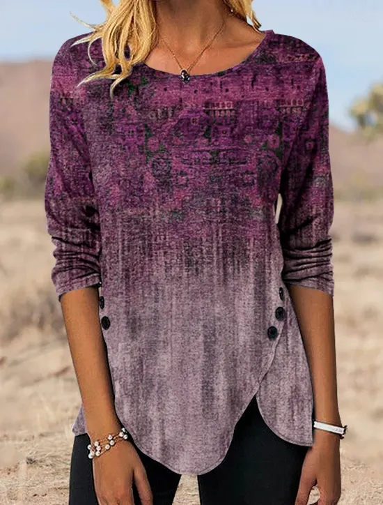 Best Women's Tunic T Shirt Graphic Vintage Tunic Ethnic Long Sleeve Round Neck Regular Tops Holiday Weekend Print Maroon Blue Green Gray Fall & Winter Women Tunic Tops|Boho Tops
