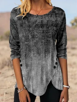 Best Women's Tunic T Shirt Graphic Vintage Tunic Ethnic Long Sleeve Round Neck Regular Tops Holiday Weekend Print Maroon Blue Green Gray Fall & Winter Women Tunic Tops|Boho Tops