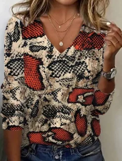 Women's Tunic T Shirt Leopard Color Block Letter Vintage Stylish Casual Long Sleeve V Neck Regular Tops Daily Sports Weekend Print Gray / Red White / Black Fall Women Women's Tops|Tunic Tops