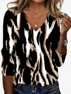 Women's Tunic T Shirt Leopard Color Block Letter Vintage Stylish Casual Long Sleeve V Neck Regular Tops Daily Sports Weekend Print Gray / Red White / Black Fall Women Women's Tops|Tunic Tops