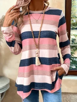 Discount Women's Tunic T Shirt Striped Casual Long Sleeve Crew Neck Regular Tops Daily Print Asymmetrical Spring & Fall Women Tunic Tops