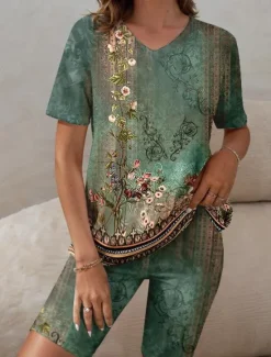 Clearance Women's Tunic Top V-Neck Floral Paisley Print Asymmetrical Hem Casual Bohemian Short Sleeve Spring Summer Versatile Clothing Apparel Women Sleepwear