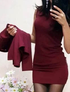 Clearance Women's Two Piece Dress Set Work Dress And Jacket Set Sheath Dress Office Work Work Elegant Patchwork Mini Dress Crew Neck Long Sleeve Plain Regular Fit Black Wine Green Summer Spring S M L XL XXL Women Work Dresses