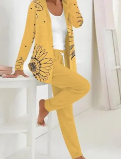 Discount Women's Two Pieces Set Active Daily Hoodie Tracksuit Pants Sets Long Sleeve V Neck Hooded Floral Graphic Drawstring Print Outdoor Casual Yellow Pink Green Fall Regular Fit Women Two Piece Sets