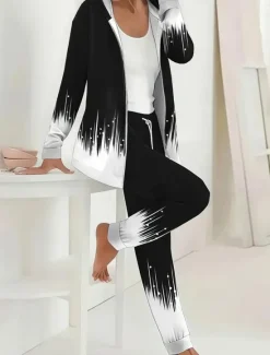 Online Women's Two Pieces Set Active Daily Hoodie Tracksuit Pants Sets Long Sleeve Round Neck Hooded Ombre Floral Drawstring Print Outdoor Casual Black White Fall Regular Fit Women Two Piece Sets