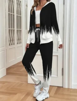 Online Women's Two Pieces Set Active Daily Hoodie Tracksuit Pants Sets Long Sleeve Round Neck Hooded Ombre Floral Drawstring Print Outdoor Casual Black White Fall Regular Fit Women Two Piece Sets