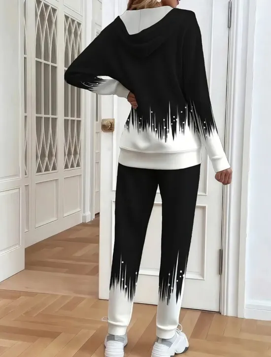 Online Women's Two Pieces Set Active Daily Hoodie Tracksuit Pants Sets Long Sleeve Round Neck Hooded Ombre Floral Drawstring Print Outdoor Casual Black White Fall Regular Fit Women Two Piece Sets