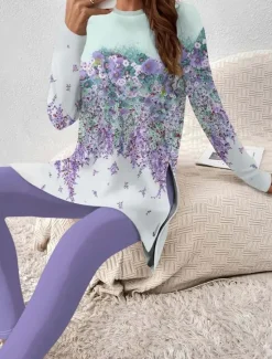 Online Women's Two Pieces Set Elegant Vacation Fashion T Shirt Pants Sets Long Sleeve Crew Neck Round Neck Floral Graphic Striped Print Casual Daily Casual Daily Summer Regular Fit Women Two Piece Sets