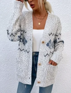 Best Women's Ugly Cardigan Open Front Knit Knitted Textured Fall Winter New Year Fashion Streetwear Daily Long Sleeve Snowflake Pink Light Grey Women Ugly Sweater|Cardigans & Outerwears