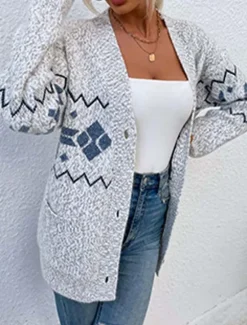 Best Women's Ugly Cardigan Open Front Knit Knitted Textured Fall Winter New Year Fashion Streetwear Daily Long Sleeve Snowflake Pink Light Grey Women Ugly Sweater|Cardigans & Outerwears