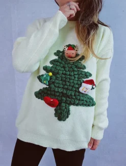 Discount Women's Ugly Sweater Sweaters Crew Neck Ribbed Knit Knitted Fall Winter Outdoor Casual Soft Long Sleeve Tree Black Red Women Pullovers & Tops|Ugly Sweater