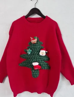 Discount Women's Ugly Sweater Sweaters Crew Neck Ribbed Knit Knitted Fall Winter Outdoor Casual Soft Long Sleeve Tree Black Red Women Pullovers & Tops|Ugly Sweater