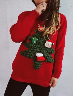 Discount Women's Ugly Sweater Sweaters Crew Neck Ribbed Knit Knitted Fall Winter Outdoor Casual Soft Long Sleeve Tree Black Red Women Pullovers & Tops|Ugly Sweater