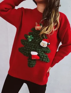 Discount Women's Ugly Sweater Sweaters Crew Neck Ribbed Knit Knitted Fall Winter Outdoor Casual Soft Long Sleeve Tree Black Red Women Pullovers & Tops|Ugly Sweater