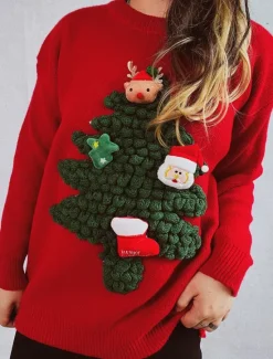 Discount Women's Ugly Sweater Sweaters Crew Neck Ribbed Knit Knitted Fall Winter Outdoor Casual Soft Long Sleeve Tree Black Red Women Pullovers & Tops|Ugly Sweater
