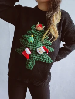 Discount Women's Ugly Sweater Sweaters Crew Neck Ribbed Knit Knitted Fall Winter Outdoor Casual Soft Long Sleeve Tree Black Red Women Pullovers & Tops|Ugly Sweater