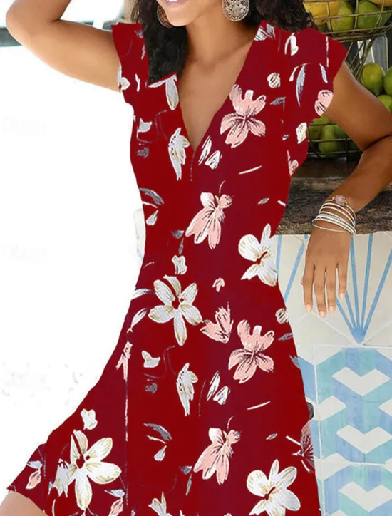 New Women's V Neck Flutter Sleeve Mini Dress Short Sleeve Summer Spring Women Spring Dresses|Floral Dresses