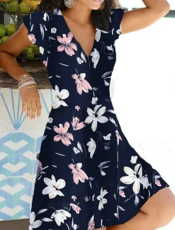 New Women's V Neck Flutter Sleeve Mini Dress Short Sleeve Summer Spring Women Spring Dresses|Floral Dresses