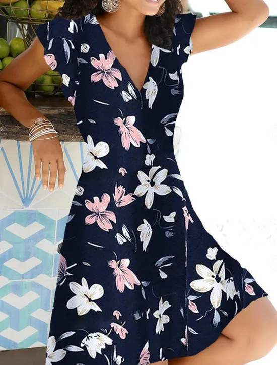 New Women's V Neck Flutter Sleeve Mini Dress Short Sleeve Summer Spring Women Spring Dresses|Floral Dresses