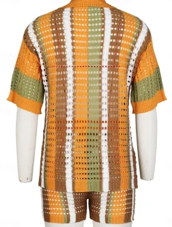 Clearance Women's Vacation Fashion Shirt Sweat Shorts Short Sleeve Shirt Collar Graphic Patchwork Outdoor Red Blue Orange Summer Regular Fit Women Two Piece Sets