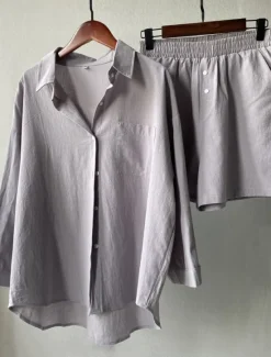 Discount Women's Vacation Fashion Shirt Linen-Inspired Sets Two Piece Sets Beach Shorts Baggy Shorts Short Sleeve Shirt Collar Solid Color Drawstring Daily Wear Date Pink Green Gray Summer Regular Fit Women Sets