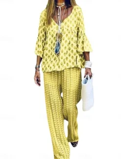 Discount Women's Vacation Fashion T Shirt Trousers Long Sleeve Crew Neck Graphic Patchwork Outdoor Yellow Blue Purple Spring & Fall Regular Fit Women Two Piece Sets