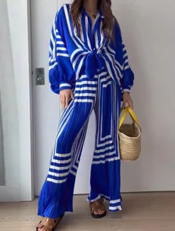 Clearance Women's Vacation Vintage Streetwear Shirt Pants Sets Wide Leg Pants Long Sleeve Lantern Sleeve Shirt Collar Geometric Striped Print Party Work Spring Loose Fit Women Two Piece Sets