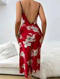 Outlet Women's Valentine Dress Pajamas Nightgown Flower Fashion Comfort Sweet Home Daily Bed Satin Silk Breathable Straps Sleeveless Backless Summer Spring Home Outfits Women Sleepwear