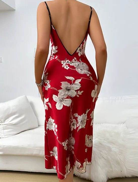 Outlet Women's Valentine Dress Pajamas Nightgown Flower Fashion Comfort Sweet Home Daily Bed Satin Silk Breathable Straps Sleeveless Backless Summer Spring Home Outfits Women Sleepwear