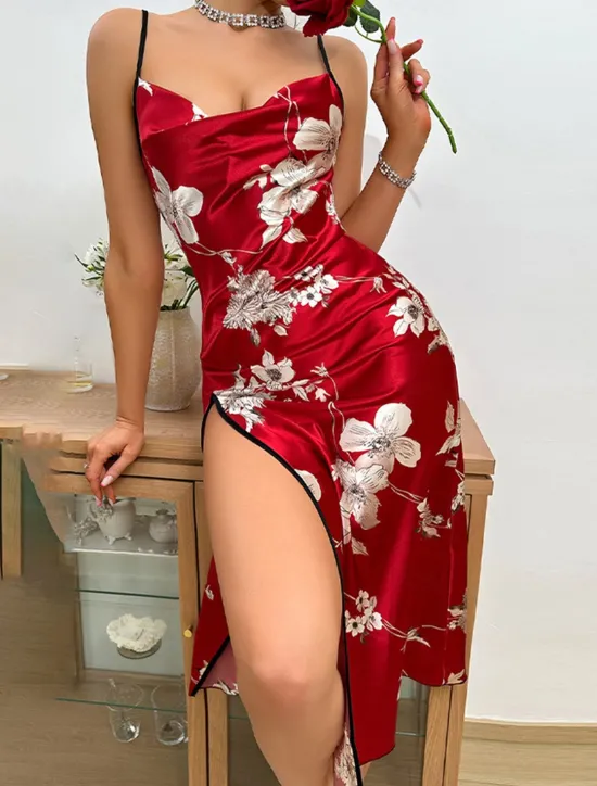 Outlet Women's Valentine Dress Pajamas Nightgown Flower Fashion Comfort Sweet Home Daily Bed Satin Silk Breathable Straps Sleeveless Backless Summer Spring Home Outfits Women Sleepwear