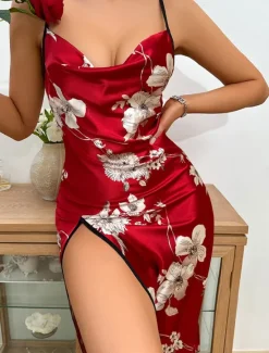 Outlet Women's Valentine Dress Pajamas Nightgown Flower Fashion Comfort Sweet Home Daily Bed Satin Silk Breathable Straps Sleeveless Backless Summer Spring Home Outfits Women Sleepwear