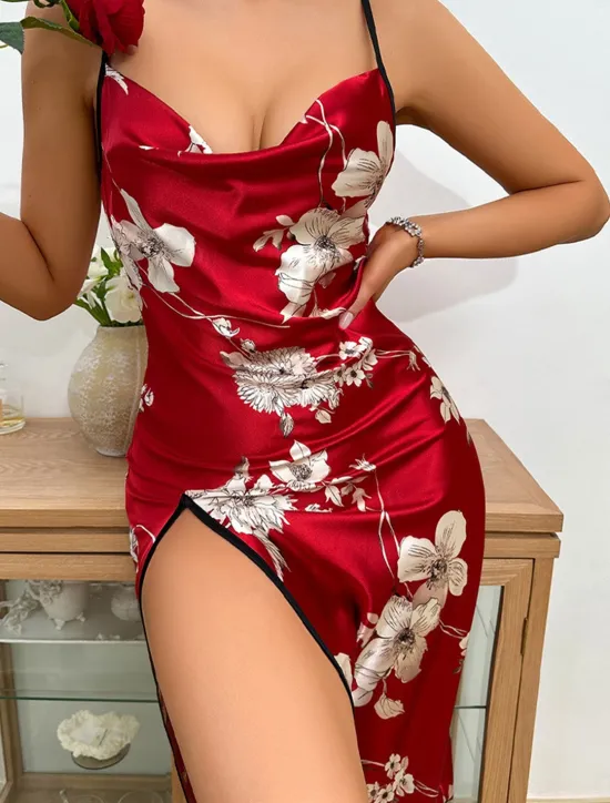 Outlet Women's Valentine Dress Pajamas Nightgown Flower Fashion Comfort Sweet Home Daily Bed Satin Silk Breathable Straps Sleeveless Backless Summer Spring Home Outfits Women Sleepwear