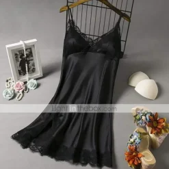 Women's Valentine Dress Sexy Pajamas Pjs Simple Casual Comfort Pure Color Home Party Valentine's Day Sleeveless V Wire Black White Navy Blue Summer Spring Women Lingerie
