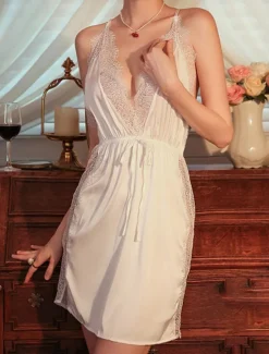 Outlet Women's Valentine Dress Sexy Pajamas Nightgown 2 Pieces Patchwork Fashion Lovers Comfort Home Valentine's Day Daily Satin Breathable Straps Sleeveless Backless Summer Spring Home Outfits Women Sleepwear
