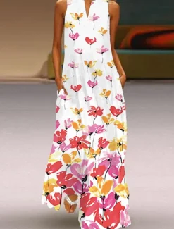 Online Women's Valentine Dress Tank Dress Floral Butterfly Pocket Print Split Neck Long Dress Maxi Dress Vacation Long Sleeve Summer Women Spring Dresses