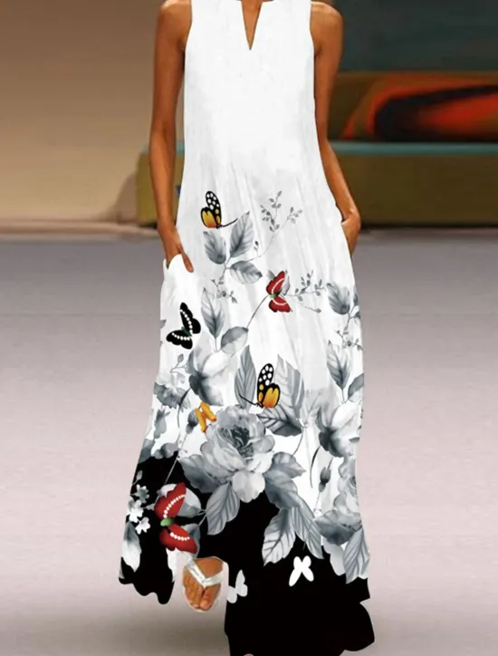 Online Women's Valentine Dress Tank Dress Floral Butterfly Pocket Print Split Neck Long Dress Maxi Dress Vacation Long Sleeve Summer Women Spring Dresses