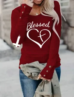 Women's Valentine Funny T Shirt Fashion Heart Letter Regular Tops Long Sleeve Round Neck Print Regular Fit Valentine's Day Weekend Black White Pink Wine Spring & Fall Women T-Shirts