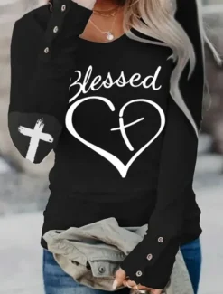 Women's Valentine Funny T Shirt Fashion Heart Letter Regular Tops Long Sleeve Round Neck Print Regular Fit Valentine's Day Weekend Black White Pink Wine Spring & Fall Women T-Shirts