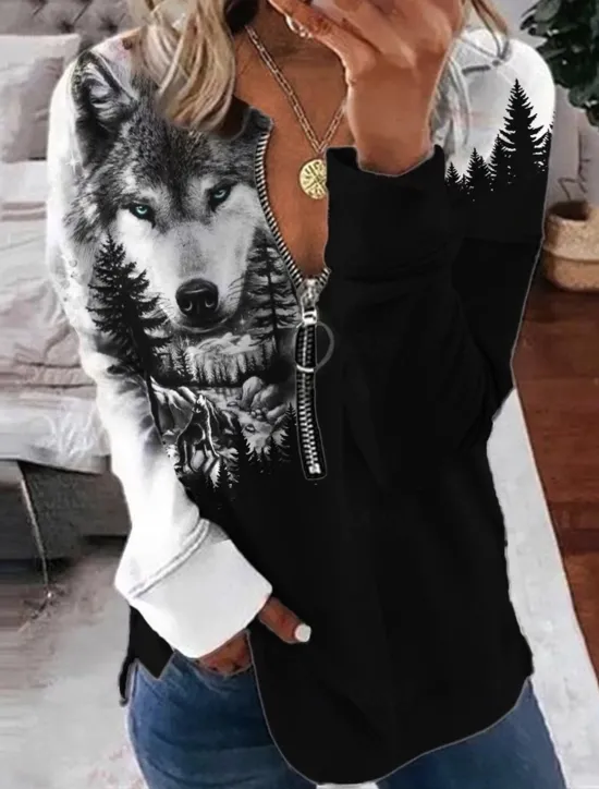 Best Women's Valentine Heart Sweatshirt Pullover Leopard Casual Sports Round Neck Print Quarter Zip Long Sleeve Black White Yellow Orange Green Fall & Winter Women Hoodies & Sweatshirts