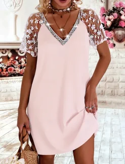 Women's Valentine Lace Dress Mini Dress Cotton Lace Patchwork Date Streetwear Basic V Neck Short Sleeve White Pink Gray Color Women Cocktail Dress