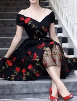 Discount Women's Valentine Lace Dress Vintage Dress Party Dress Mesh Mesh Embroidered Off Shoulder Short Sleeve Floral Midi Dress Wedding Guest Cocktail Party Elegant Vintage Black White Summer Spring Women Cocktail Dress