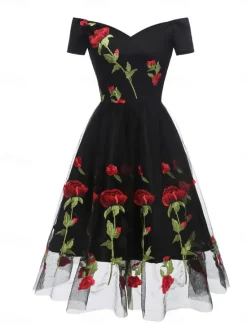 Discount Women's Valentine Lace Dress Vintage Dress Party Dress Mesh Mesh Embroidered Off Shoulder Short Sleeve Floral Midi Dress Wedding Guest Cocktail Party Elegant Vintage Black White Summer Spring Women Cocktail Dress
