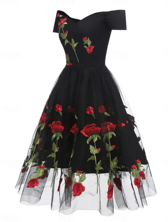 Discount Women's Valentine Lace Dress Vintage Dress Party Dress Mesh Mesh Embroidered Off Shoulder Short Sleeve Floral Midi Dress Wedding Guest Cocktail Party Elegant Vintage Black White Summer Spring Women Cocktail Dress