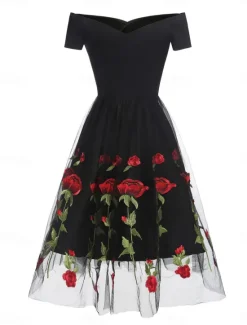 Discount Women's Valentine Lace Dress Vintage Dress Party Dress Mesh Mesh Embroidered Off Shoulder Short Sleeve Floral Midi Dress Wedding Guest Cocktail Party Elegant Vintage Black White Summer Spring Women Cocktail Dress