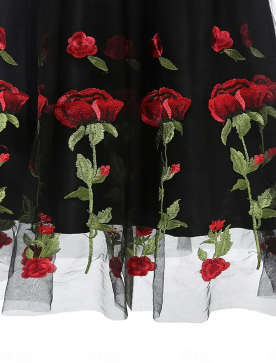 Discount Women's Valentine Lace Dress Vintage Dress Party Dress Mesh Mesh Embroidered Off Shoulder Short Sleeve Floral Midi Dress Wedding Guest Cocktail Party Elegant Vintage Black White Summer Spring Women Cocktail Dress