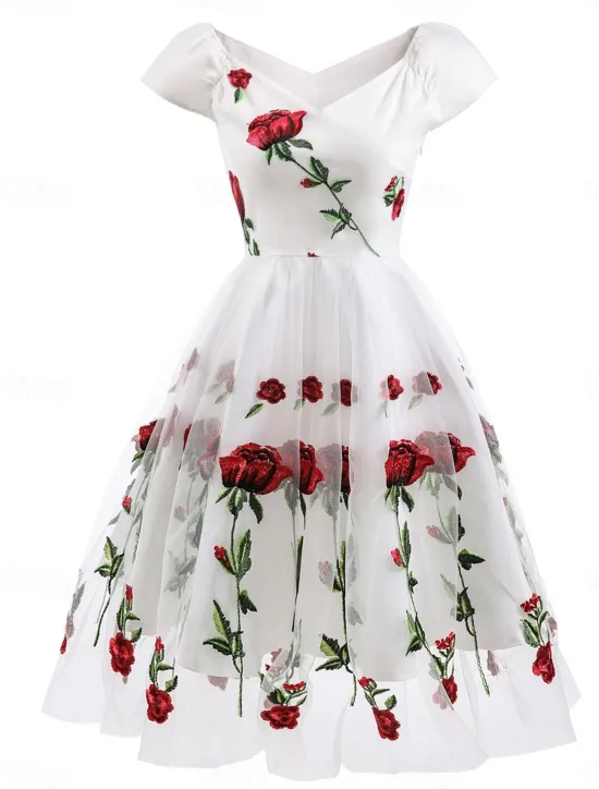 Discount Women's Valentine Lace Dress Vintage Dress Party Dress Mesh Mesh Embroidered Off Shoulder Short Sleeve Floral Midi Dress Wedding Guest Cocktail Party Elegant Vintage Black White Summer Spring Women Cocktail Dress