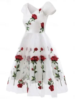 Discount Women's Valentine Lace Dress Vintage Dress Party Dress Mesh Mesh Embroidered Off Shoulder Short Sleeve Floral Midi Dress Wedding Guest Cocktail Party Elegant Vintage Black White Summer Spring Women Cocktail Dress