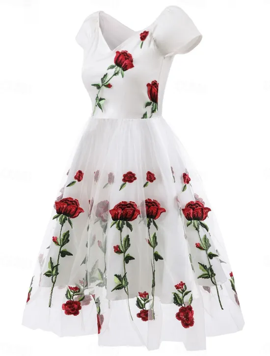 Discount Women's Valentine Lace Dress Vintage Dress Party Dress Mesh Mesh Embroidered Off Shoulder Short Sleeve Floral Midi Dress Wedding Guest Cocktail Party Elegant Vintage Black White Summer Spring Women Cocktail Dress